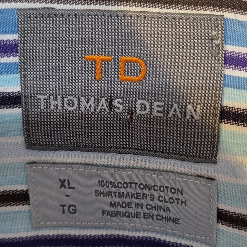 Thomas Dean Mens XL‎ Long Sleeve Button Down Shirt Blue Purple Striped Cotton